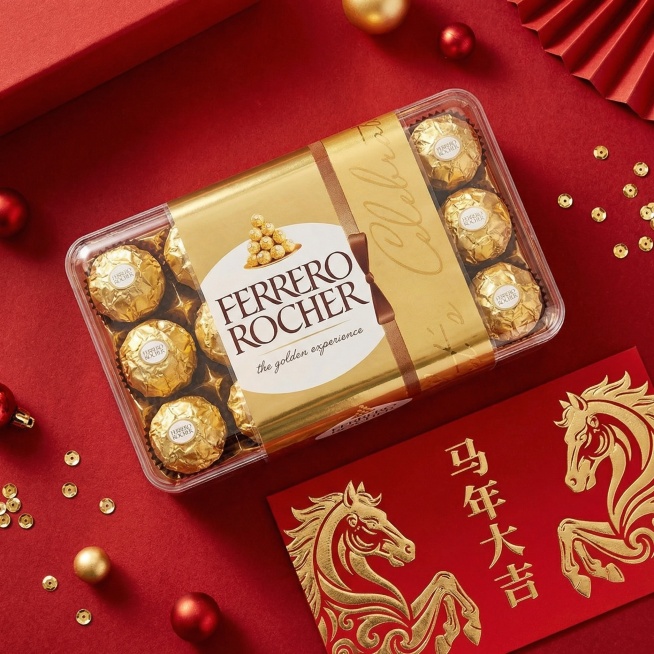 主体置于正红哑光质感背景台面（占画面比40%），主体旁摆放印 “马年大吉” 烫金马元素金纹红色贺卡，台面散落金色亮片、红金装饰球。色调以正红、鎏金为主，整体呈现喜庆高级的新年主题氛围，轻微俯拍视角。预览效果