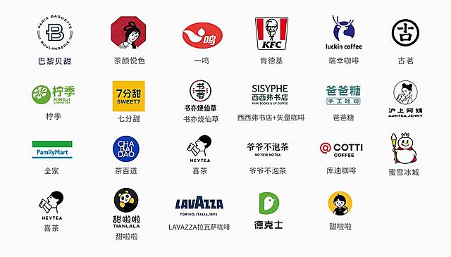 移除霸王茶姬，删除重复的甜啦啦，只保留1次甜啦啦，并将甜啦啦的logo替换为参考图[image2]里正确的样式，保持整体每排6个品牌的排版，保持白色背景和整齐的布局，修改后剩余品牌位置自动调整对齐