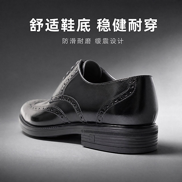 [主图-5] 布洛克雕花小牛皮正装皮鞋鞋底与后跟展示，突出鞋底结构与做工细节。
[统一基调] 高级商务质感，深灰色渐变背景，柔和侧光，突出鞋底结构与整体做工。
[画面] 一只黑色布洛克雕花正装皮鞋后侧视角摆放，清晰展示鞋后跟的布洛克雕花装饰、鞋跟造型与鞋底结构。黑色橡胶鞋底有多层纹理设计，鞋跟方正稳重，鞋底边缘缝线整齐，鞋面小牛皮材质光亮，后跟处的雕花孔洞精致排列。鞋子占据画面约65%，斜向放置增加动感，底部有自然接触阴影。背景为深灰到浅灰渐变，与整套视觉统一。
[光影质感] 商业摄影棚拍质感，侧后方主光，凸显鞋底的层次纹理与鞋跟的立体感，鞋面有柔和高光过渡，整体光影立体有层次。
[配色] 黑色皮鞋与鞋底，深灰渐变背景，整体冷色调商务感。
[文字版式] 画面上方放置文案「舒适鞋底 稳健耐穿」，白色粗体无衬线字体；下方小字「防滑耐磨 缓震设计」，灰色细体。文字位于上方负空间，不遮挡鞋子主体。
[输出要求] 1:1正方形比例，2K高清分辨率，鞋底结构清晰，做工细节分明。负向：变形 错字 模糊 杂乱 水印 平台Logo 鞋底磨损 开胶 缝线断裂