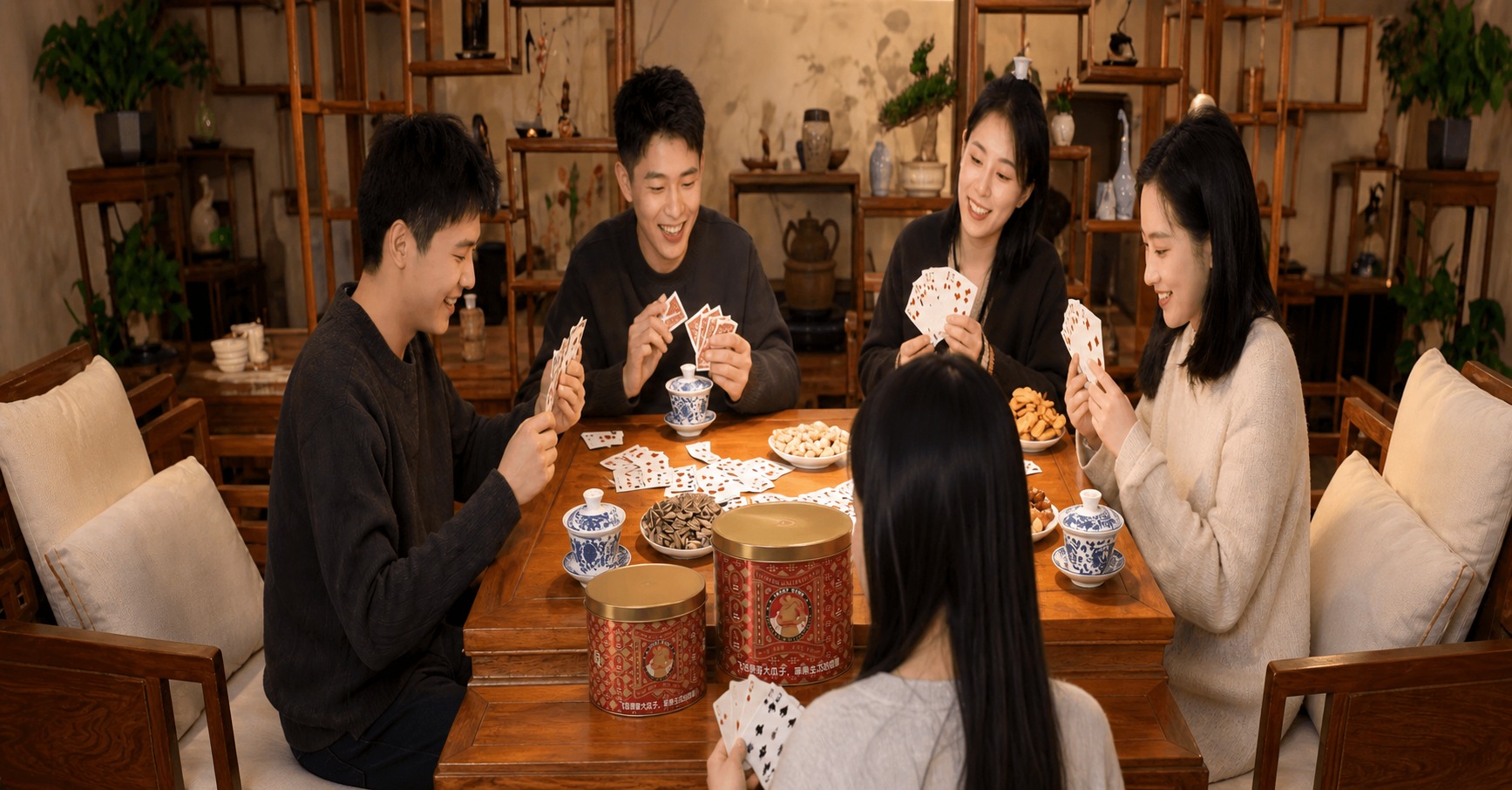 将图1中的两罐红色瓜子铁盒产品自然摆放到图2的实木方桌上，产品… - 图片创意预览