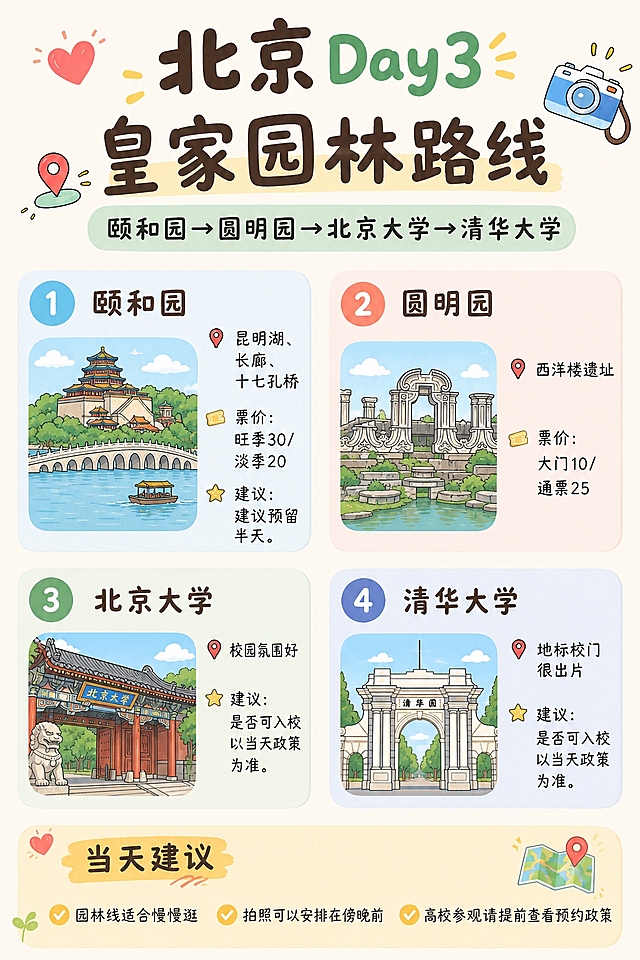 参考图中的手绘插画风格、字体风格、版式布局、配色和整体视觉风格，生成竖版旅行攻略海报，浅米色背景，清新可爱扁平手绘插画风，圆润手写感字体，柔和马卡龙配色，高清晰度，画面干净，无水印。

顶部大标题："北京 Day3 皇家园林路线"，副标题："颐和园→圆明园→北京大学→清华大学"，标题样式与参考图一致。

主体为2×2网格排列的四个浅色圆角卡片，左上角彩色圆形带数字序号①-④，每个卡片左侧配对应景点手绘简笔插画（插画风格与参考图一致），右侧为文字说明：
①号卡片：颐和园，关键词：昆明湖、长廊、十七孔桥；票价：旺季30/淡季20；建议：建议预留半天；
②号卡片：圆明园，关键词：西洋楼遗址；票价：大门10/通票25；
③号卡片：北京大学，关键词：校园氛围好；建议：是否可入校以当天政策为准；
④号卡片：清华大学，关键词：地标校门很出片；建议：是否可入校以当天政策为准。

底部淡黄色圆角卡片"当天建议"，样式与参考图一致，内容：园林线适合慢慢逛／拍照可以安排在傍晚前／高校参观请提前查看预约政策。

装饰小元素：爱心、星星、定位图钉、小相机图标，点缀在画面空白处，整体风格与参考图完全统一。