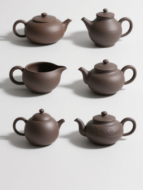 六个不同样式、不同种类的茶壶，均展现出类似原图的哑光陶土质感与深棕色基调，表面有细微的纹理和自然的光影过渡，造型包括但不限于圆润饱满型、简约扁平型、古典高颈型、粗陶质朴型、流线型现代款和带装饰纹路的传统款，它们以整齐的两排三列方式排列在纯白色背景上，每个茶壶间距均匀，光线从斜上方照射，形成柔和的阴影，整体构图简洁明了，突出茶壶的形态美感和材质细节，无任何文字、LOGO或多余装饰元素。预览效果