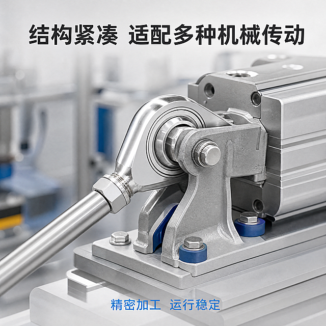 [主图-7] 不锈钢关节轴承应用场景展示图。
[氛围风格] 工业应用场景，专业真实，突出适配性。
[画质] 商业摄影质感，场景真实，产品清晰。
[元素] 不锈钢关节轴承安装在机械传动部位的应用场景特写，产品保持外观结构和材质与原图一致，背景虚化突出产品，整体为干净浅灰色工业场景，产品主体占比约60%，展示产品紧凑结构适配工业设备。
[光影] 工业车间柔和灯光，产品区域重点打光，结构清晰，背景虚化。
[配色] 浅灰工业背景，银色产品，深色文字，蓝色点缀。
[视角构图] 45度斜视角，产品安装位置清晰展示，景深适中，主体突出。
[文字版式] 顶部大字标题“结构紧凑 适配多种机械传动”，深灰色；底部短句“精密加工 运行稳定”，浅蓝色文字。文字不遮挡产品核心展示区域。
[比例分辨率] 1:1 比例，4K 分辨率；文字清晰，超高清。
[负向提示词] 变形，水印，文字错乱，产品模糊，背景杂乱，场景喧宾夺主。