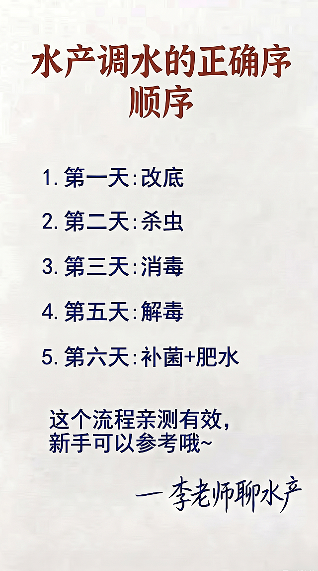 浅米白色背景，顶部用深红色大号字体写标题 "水产调水的正确顺序"，正文用深蓝色字体按顺序排列：第一天:改底 第二天:杀虫 第三天:消毒 第五天:解毒 第六天:补菌+肥水，接着下一行写"这个流程亲测有效，"，再下一行写"新手可以参考哦～"，右下角用深蓝色手写字体写签名 "— 李老师聊水产"，排版布局和原图保持一致，字体和颜色和原图保持一致，一字不差