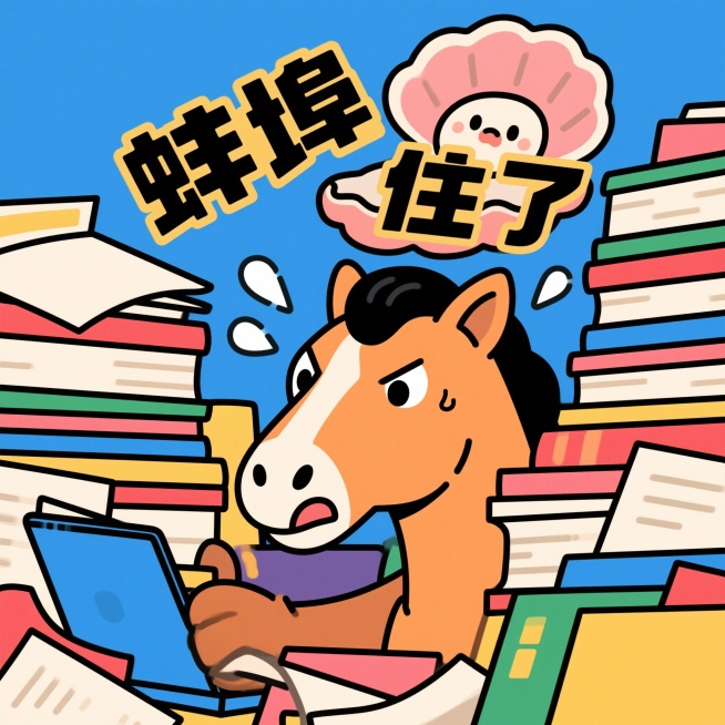 现代矢量插画，特写表情。卡通马面对一堆荒谬或搞笑的状况（如文件堆积成山），它紧抿着嘴，但嘴角和眼角疯狂抽搐，一个快要崩开的“蚌壳”卡通形象出现在它头顶，壳上写着夸张的变形艺术字“蚌埠住了”。画面充满紧预览效果