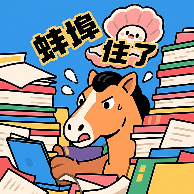 现代矢量插画，特写表情。卡通马面对一堆荒谬或搞笑的状况（如文件堆积成山），它紧抿着嘴，但嘴角和眼角疯狂抽搐，一个快要崩开的“蚌壳”卡通形象出现在它头顶，壳上写着夸张的变形艺术字“蚌埠住了”。画面充满紧绷又即将爆发的喜剧张力。 --no childish, text-heavy, close-up