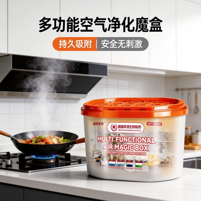 设计类型：电商主图・功能卖点型
设计风格：简约清新、德系专业、居家实用
主体：除烟魔盒产品本体占40% + 厨房场景（炒菜油烟）
装饰元素：镂空透气顶盖纹理
色调：干净清爽、科技感与居家感兼具
氛围：预览效果