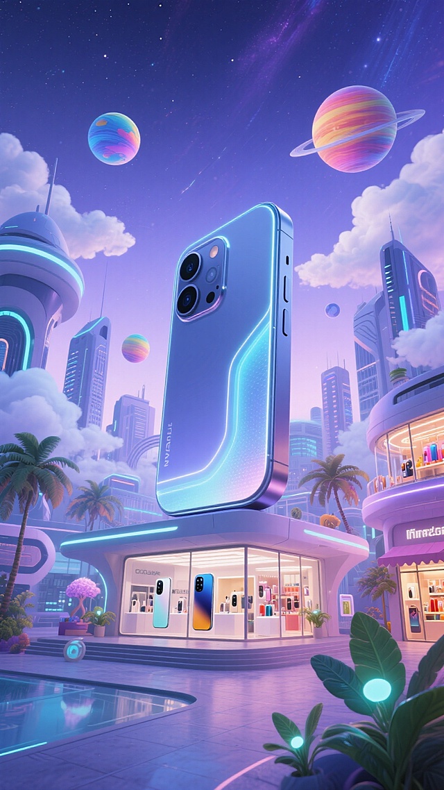 画面中心是巨型科幻手机产品展示馆，带发光效果。周围有未来感城市建筑、彩色星球、云、商品店铺、奇特植物，背景是星空，低饱和蓝紫色调