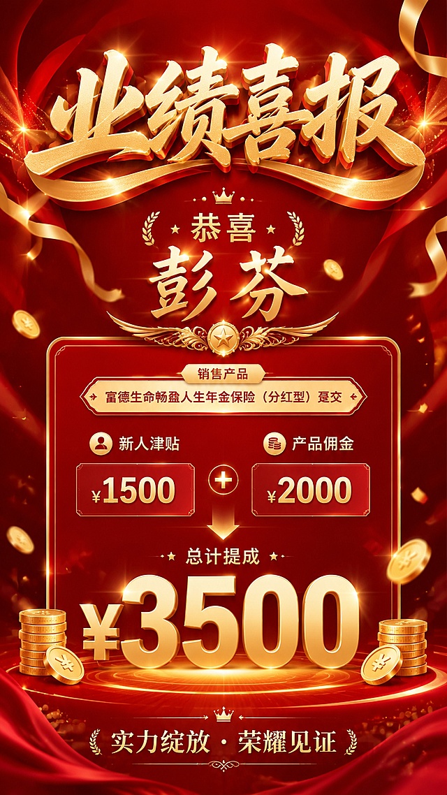 一张金融保险行业销售业绩喜报海报，竖版9:16，红金配色，大气喜庆的表彰风格，设计灵动不死板。画面顶部是金色艺术字主标题"业绩喜报"，字体有设计感，搭配金色飘带装饰。中部偏上用优雅的排版呈现"恭喜 彭芬"，名字做艺术化处理，可搭配装饰性线条或徽章元素，不要生硬的标签式排版。中间是精美的业绩信息展示区，采用创意卡片式布局，金色描边搭配深红色渐变底，信息以图标+文字的形式灵动排列：产品名称"富德生命畅盈人生年金保险（分红型）趸交"用精致小标签呈现，新人津贴"¥1500"、产品佣金"¥2000"分别以数字卡片形式左右或上下错落排列，中间用箭头或加号连接，最下方突出显示总计提成"¥3500"，用最大号金色立体字，周围环绕光效和金币元素。底部有装饰文案"实力绽放 · 荣耀见证"。背景为深红色到酒红色的渐变，点缀金色光晕、星光粒子、飘逸丝带、几何光斑等装饰元素，整体氛围荣耀喜庆。版式精美有设计感，信息排列错落有致不死板，四周留有安全边距，文字清晰可读。画面中所有信息区域必须填充完整合理的内容，不得出现空白框、空白占位、横线待填写区域、空列表项、空单元格。画面中所有数字必须精确渲染，不得错位、遗漏或编造。画面中不要出现任何二维码或二维码占位符。