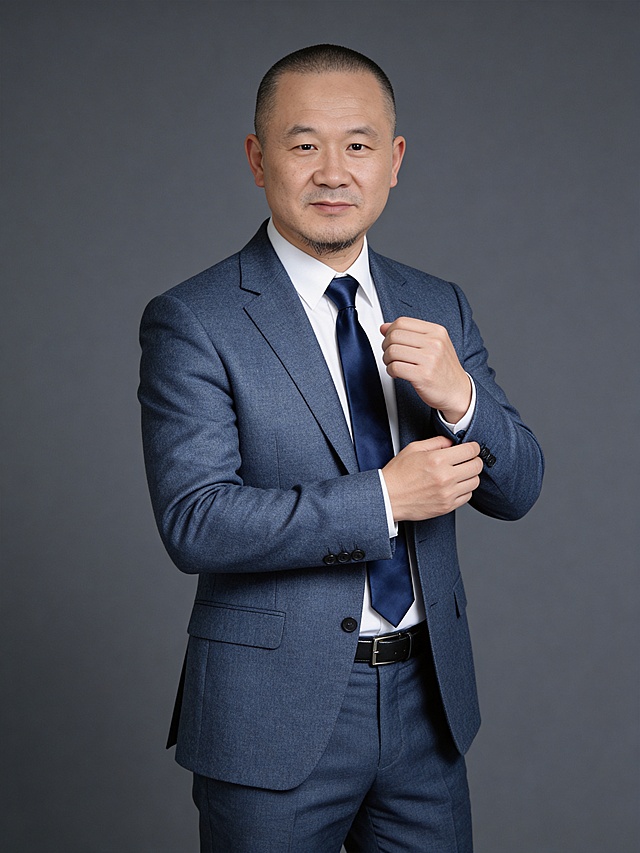 参考第一张图保留人物脸型､发型､年龄等特征生成职场形象照,参考第二张图人物占位和比例,标准焦段50mm,f/4光圈(f/2.8-f/4区间),平视视角(镜头与人物视线齐平);人物占画面70%,人物居中(居中构图),位于画面中心,为视觉聚焦点,入境范围头部及以下至臀部下方10cm(半身像);左右留少量背景空间;头部与画面顶部保留5%空间;头部发型完整,头肩比例协调;身穿雾感蓝灰色精纺羊毛混纺西装外套(面料呈细腻微微哑光质感);内搭高支精梳棉白色衬衫(面料带轻微柔光质感),搭配藏深蓝色纯色真丝缎面领带;下装同色系蓝灰色西裤,深色头层牛皮细皮带(宽度1.5cm),着装正式干练;正式严谨专业稳重,身形匀称,姿态端正｡呈轻微侧身站立,左手收拢放在胸前,右手整理左臂袖口,肢体自然,自信从容;发梢微微修整,干练大气,主体锐利,背景光线均匀柔和,强化色彩对比的高级感｡简约冷调深灰色纯色背景(呈现均匀柔和质感),极简干净;32k画质超高分辨率､细节清晰,现代精致感风格;肤质精细化处理;眼神直视镜头,目光坚定且澄澈,表情自然｡嘴角上扬;面部光比1:1.5,4800k中性光,微微修饰脸型,肤质哑光细腻,面部雾面柔光,轻透裸肌感,真实毛孔纹理,32k画质,去除人物之外的所有元素｡严格按照第一张图内容生成｡