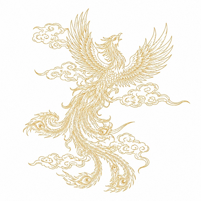 参考图片的中国传统凤凰线描风格，重新生成画面内容，保持金色线条、祥云元素、传统纹样的手绘线稿质感，白色背景，凤凰造型优美灵动