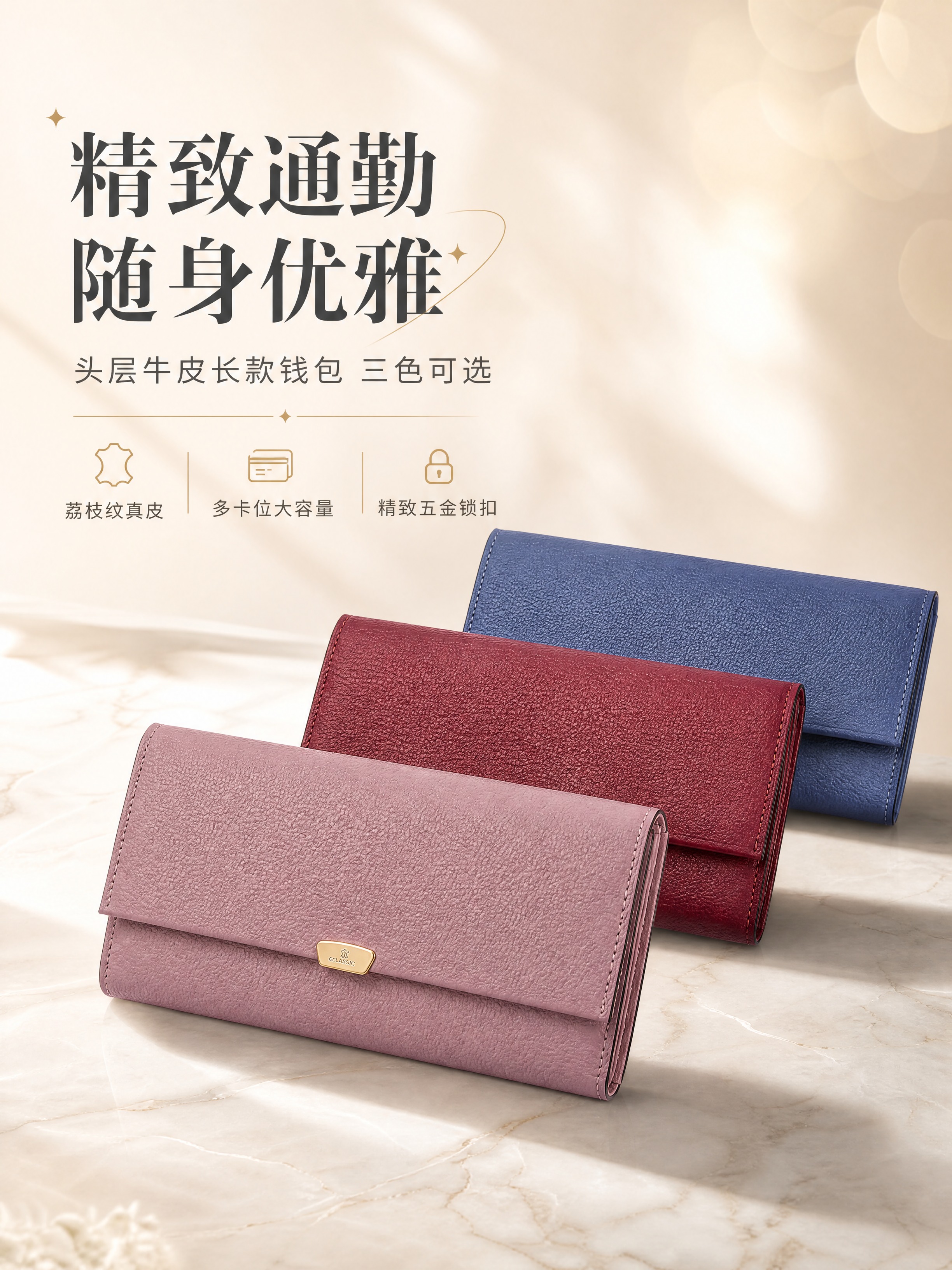 [商品] 使用【图1】女士长款翻盖钱包三色款（豆沙粉/酒红/雾… - 图片创意预览