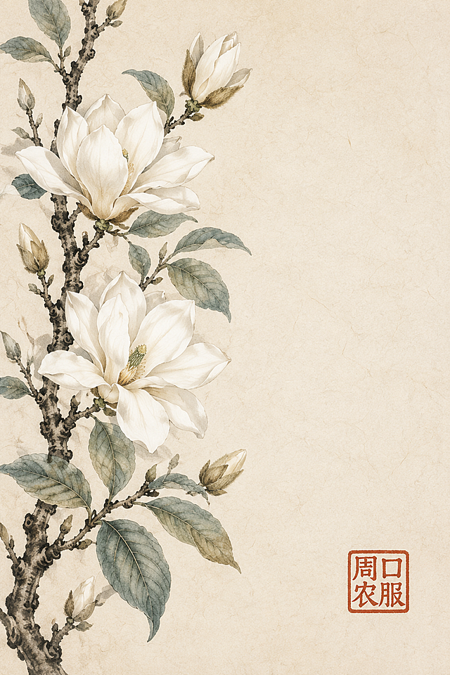 竖版贺卡封二设计，中式工笔画风格，米白色宣纸质感背景。画面左侧有一枝完整的玉兰花枝从顶部延伸到底部，花朵盛开，花瓣洁白温润，层次分明，枝叶用淡墨和淡青绿色绘制，细节丰富，不再朦胧淡雅。花枝上可以有两三朵盛开的玉兰花和几个花苞，姿态优雅。画面右侧保留适度留白。右下角有一方朱红色印章，印文为篆体"周口农服"，印章清晰可见。整体色调清雅但层次丰富，玉兰主体清晰突出，不再寡淡。与封面风格统一协调。竖版构图，高大于宽，版式精美。