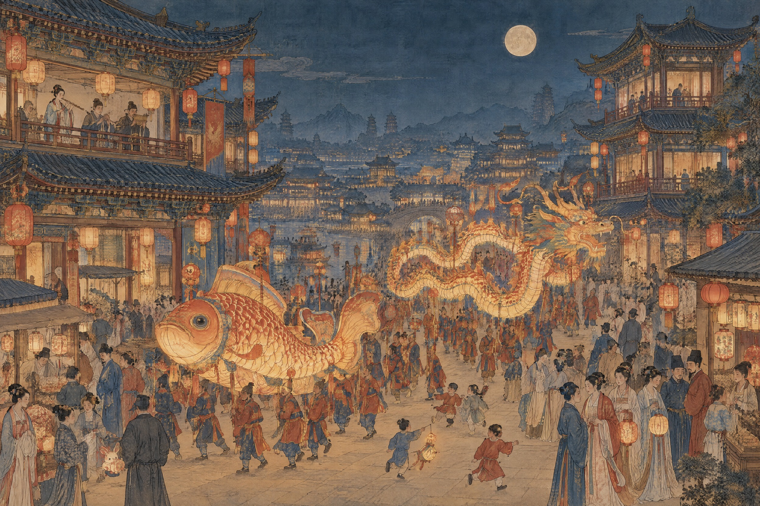 中国古典工笔插画，宋代元宵夜场景。画面中央是盛大的鱼龙舞灯队伍… - 图片创意预览
