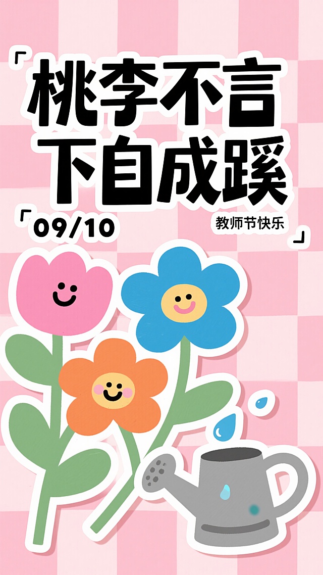 童趣剪纸风，明亮淡粉底棋盘格，粗白描边平涂色块，黑字标题“桃李不言”+“下自成蹊”标语，搭配拟人花朵（粉/蓝/橙，带笑脸表情）、浇水壶（水滴装饰），补充日期“09/10”与”教师节快乐”