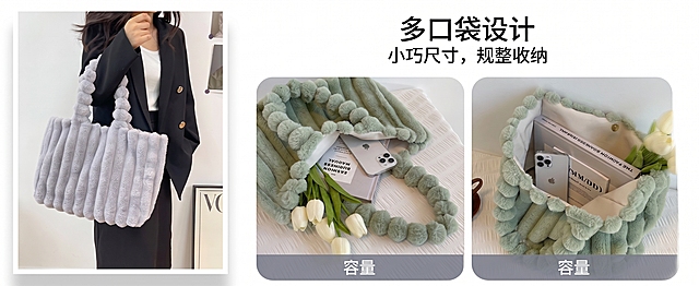将图片所有英文替换为简体中文，保留原图的容量展示、布局，画质不变，仅修改文字，标题改为"多口袋设计"，副标题改为"小巧尺寸，规整收纳"，两张图标注都改为容量