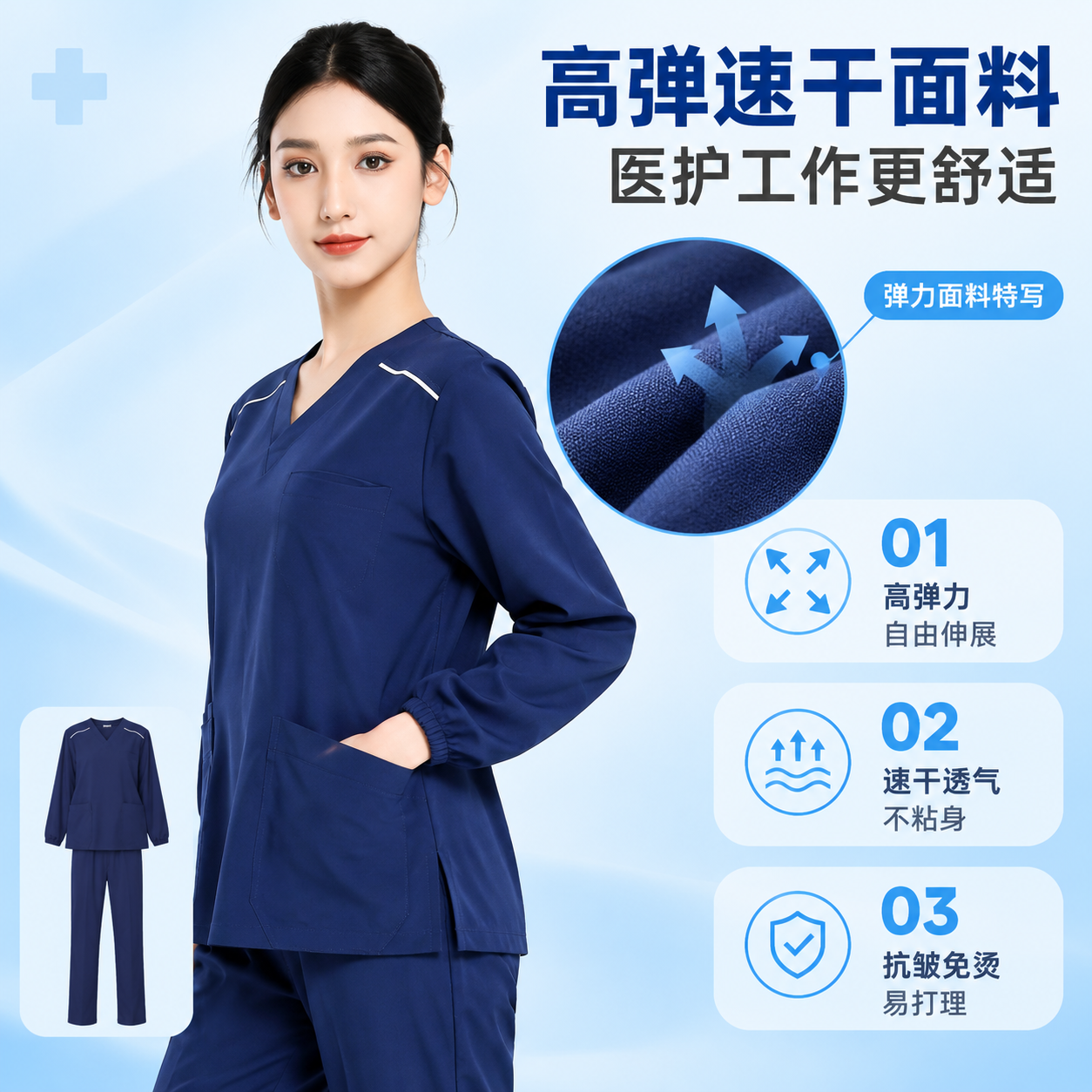[主图-2] 面料功能参数展示图，主题为展示洗手衣的弹力速干透… - 图片创意预览
