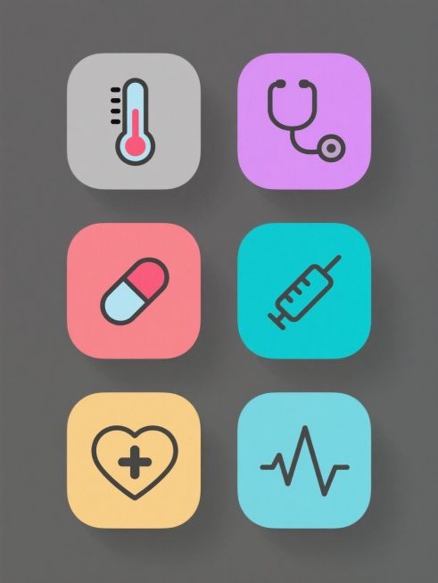 极简主义图标设计风格，6个不同颜色的纯色背景上各放置一个医疗健康类线性图标，包括温度计、听诊器、药片、注射器、血压计和心电图波形，所有图标采用统一的简约线条绘制，灰色边框搭配彩色主体，保持相同的阴影处理和圆角设计，规整排列成2行3列的网格布局，每个图标具有独立的纯色背景且颜色互不相同，整体风格统一，符合医疗健康主题的简洁信息传达需求。预览效果