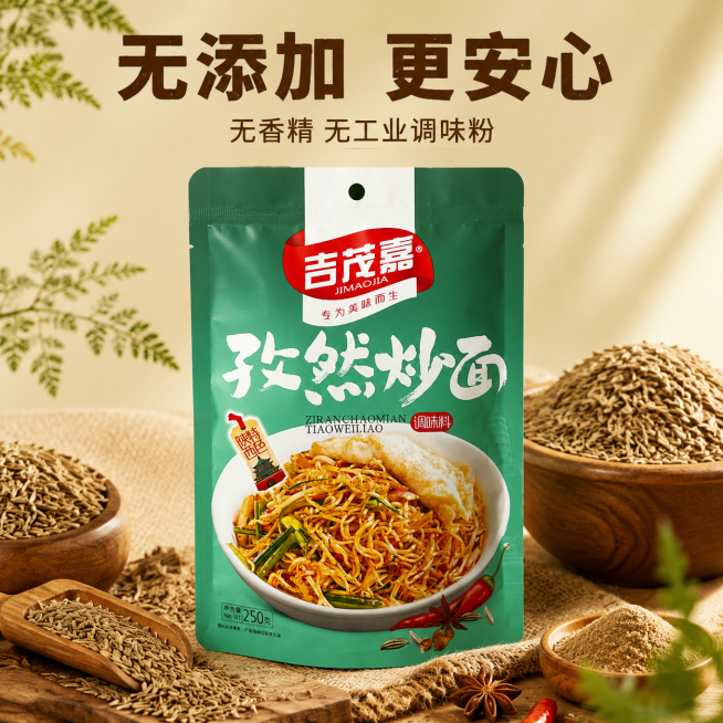 [主图-4] 健康安心原料卖点展示
[氛围风格] 简单大气陕派风格，突出天然健康
[画质] 商业摄影质感、光线柔和通透、产品清晰真实、画面干净高级
[元素] 产品包装袋居中放置，周围环绕真实的整粒孜然预览效果
