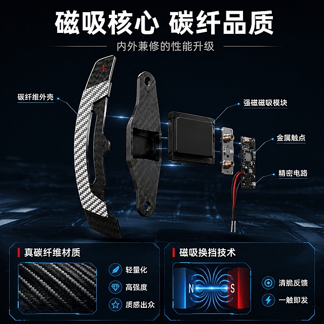 [第4屏] 详情页核心技术解析-磁吸换挡结构原理+碳纤维材质剖析。本屏使用【图1】局部作为结构展示主体。
[氛围/风格] 硬核科技拆解风，结构爆炸图质感，汽车改装技术流，抖音/快手专业可信风格。
[元素布局] 画面中央偏上放置单个换挡拨片的半剖面/爆炸结构示意，展示内部磁吸模块、碳纤维外壳、电路触点三层结构分离状态；左侧标注碳纤维材质层，右侧标注磁吸机芯；底部为材质说明区；拨片外壳碳纤维纹理、银色编织纹、内部黑色模块结构与输入产品图一致。
[光影质感] 顶光+侧光双光源勾勒各层结构边缘，分离层之间有淡光连接示意，整体通透有科技层次感。
[配色色系] 全局底色 #0D1117 深蓝黑；主色碳纤维黑+银色；辅助色科技蓝 #1565C0 + 运动红；点缀色白色标注线。
[视角构图] 中央爆炸结构图为核心，阅读动线顶部标题 → 中央结构拆解 → 底部材质说明。
[文字版式] 版式为顶部标题 + 中央爆炸结构图 + 底部双栏材质说明。主标题「磁吸核心 碳纤品质」，粗黑体居中，白色大字；副标题「内外兼修的性能升级」灰色小字；结构图周围用白色细线引出标注：「碳纤维外壳」「强磁磁吸模块」「金属触点」「精密电路」；底部左右两栏：左栏「真碳纤维材质」配碳纤纹理小图+「轻量化 高强度 质感出众」，右栏「磁吸换挡技术」配磁吸示意图+「清脆反馈 一触即发」；文字排版专业清晰。
[比例分辨率] 1:1 方图比例，4K 分辨率，文字清晰可辨，高清画质。
[负向提示词] 产品变形，内部结构虚构过度，颜色偏差，水印，文字错乱，标注线混乱，奥迪车标，平台logo。