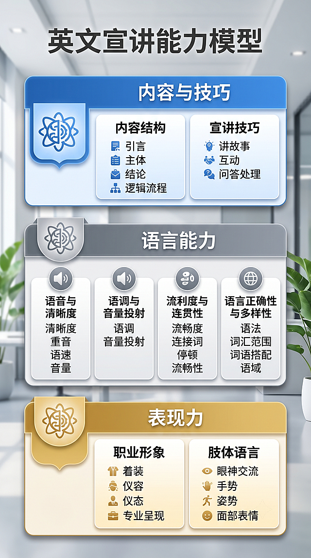 生成一张英文宣讲能力模型图，完全复制第二张图的美术风格：背景为办公场景，从上到下三个模块使用不同颜色（内容与技巧蓝色、语言能力灰色、表现力金色），保留每个模块中的图标设计，保持相同的布局结构。将所有文字替换为第一张图的中文内容：
标题：英文宣讲能力模型

1. 内容与技巧：
   - 内容结构：引言、主体、结论、逻辑流程
   - 宣讲技巧：讲故事、互动、问答处理

2. 语言能力：
   - 语音语调节奏音量：清晰度、重音、语速、音量投射
   - 流利度与连贯性：流畅度、连接词、停顿、流畅性
   - 语言正确性与多样性：语法、词汇范围、词语搭配、语域

3. 表现力：
   - 职业形象：着装、仪容、仪态、专业呈现
   - 肢体语言：眼神交流、手势、姿势、面部表情

不保留任何英文，完全保持第二张图的视觉风格、配色方案和布局结构。