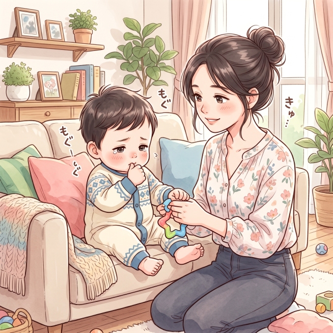 漫画风格，6-10个月大的小孩小仙君喜欢啃手指，妈妈说啃手指不卫生，给了他磨牙棒，但是小仙君还是觉得自己的手指更好吃，小仙君脸上带点难过的神情，妈妈温柔看着他，妈妈和小仙君都穿现代装扮，整体保持柔和清预览效果