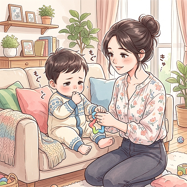 漫画风格，6-10个月大的小孩小仙君喜欢啃手指，妈妈说啃手指不卫生，给了他磨牙棒，但是小仙君还是觉得自己的手指更好吃，小仙君脸上带点难过的神情，妈妈温柔看着他，妈妈和小仙君都穿现代装扮，整体保持柔和清新可爱的漫画风格，在家中温馨场景，保留人物风格一致