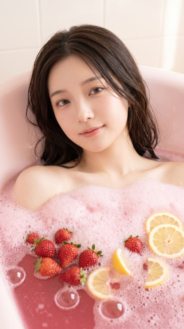 竖屏人像近景，浅粉 ins 风浴缸写真，年轻亚洲女性模特泡在浴缸中，黑色微湿的头发随意垂落，露出干净靓白的肩部，肩部以下被绵密的浅粉色泡沫遮挡，水面漂浮着新鲜草莓与切片柠檬，模特神态舒缓放松，皮肤光滑预览效果