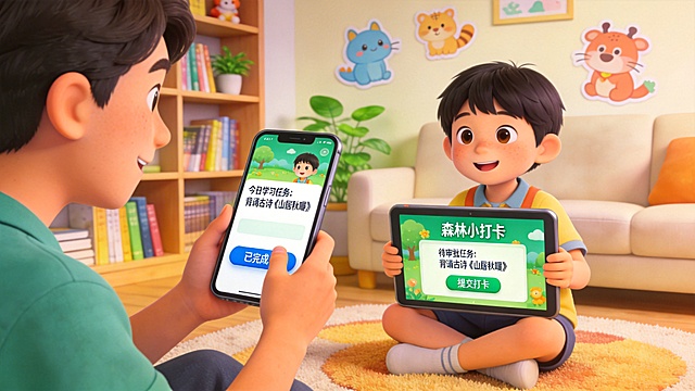 画面生动的卡通风格，五年级孩子在"森林小打卡"软件的平板界面打卡学习任务，家长在手机端审批任务，温馨亲子学习场景，色彩明亮，画面活泼生动，引发家长孩子共鸣