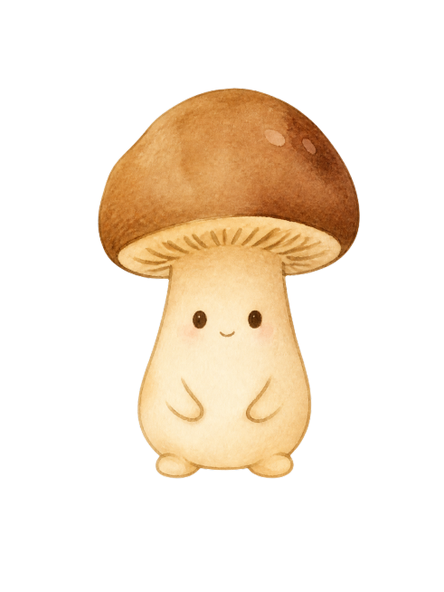生成一个单独的拟人小蘑菇，保持原图的水彩治愈手绘画风，背景为纯白色，去掉草地预览效果
