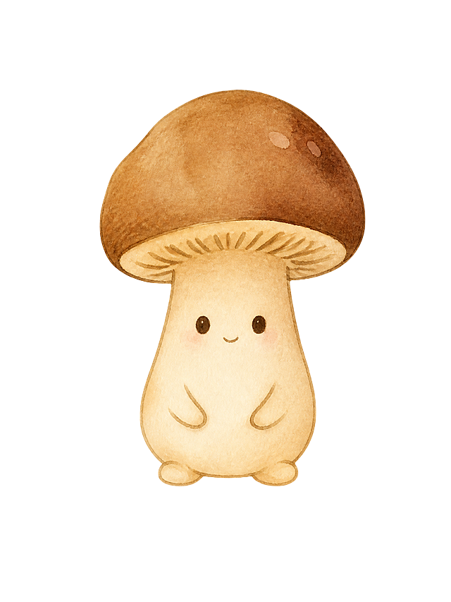 生成一个单独的拟人小蘑菇，保持原图的水彩治愈手绘画风，背景为纯白色，去掉草地