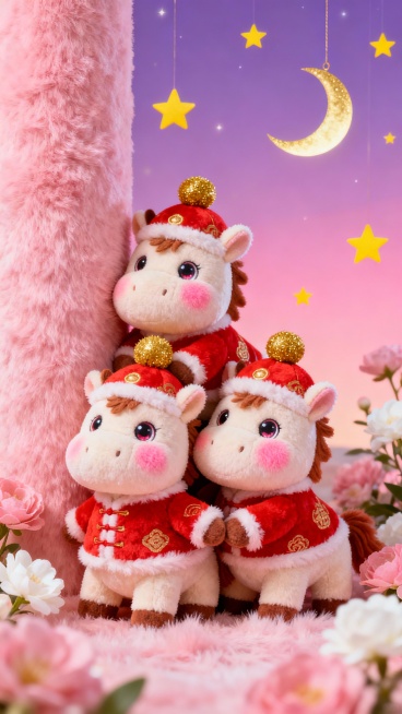 三只穿着红色毛绒小袄、戴着金色绒球帽子的发财小马玩偶，胖乎乎的脸颊透着粉嫩红晕，圆溜溜的大眼睛闪烁着喜悦光芒，它们叠在一起依偎在粉色毛绒柱子旁，周围是毛绒质感的粉色和白色花朵，背景是渐变粉紫色夜空，挂着弯弯的金色月亮和闪烁的黄色星星，整体营造出温馨可爱、充满财运的毛绒玩具场景，风格统一为柔软细腻的毛绒材质感，色彩明快温暖，氛围喜庆吉祥。预览效果