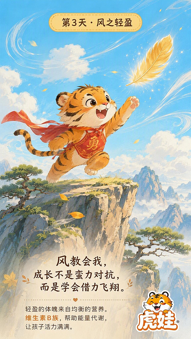 儿童绘本插画风格，暖色调，9:16竖版每日一签海报。画面中央：可爱的橙色小老虎虎娃穿着红色肚兜，站在高高的雷霆崖顶，追逐一片闪闪发光的金色羽毛，风吹起他的毛发和小披风，姿态轻盈。背景是蓝天白云，远处群山连绵，崖边有几棵迎客松。风的感觉用流动的线条表现。顶部圆角日签标签写着'第3天 · 风之轻盈'。画面下方旁白：'风教会我，成长不是蛮力对抗，而是学会借力飞翔。' 底部产品小字：'轻盈的体魄来自均衡的营养。维生素B族，帮助能量代谢，让孩子活力满满。' 右下角虎娃品牌logo。温馨治愈儿童绘本风，手绘质感，明亮轻快。
