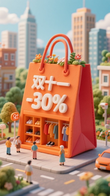 这张海报的主色调为橙色，背景的高楼大厦的城市景观与自然风景相融合。“双十一”以醒目的橙白立体字体展示在海报中间，还有一个醒目的“-30%”红色广告牌在购物袋建筑上。海报的主体是一座巨大购物袋形状的建筑预览效果