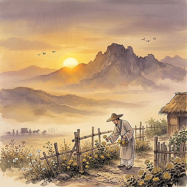 A solitary figure picking chrysanthemums by the eastern fence, the distant South Mountain emerging in the hazy afternoon light, the setting sun melting into gold across the sky, birds returning home in pairs, the noise of carriages and horses fading into blurred sound waves in the far distance, overall warm gold and purple-grey palette, minimalist composition with vast negative space, the philosophy of distance and peace