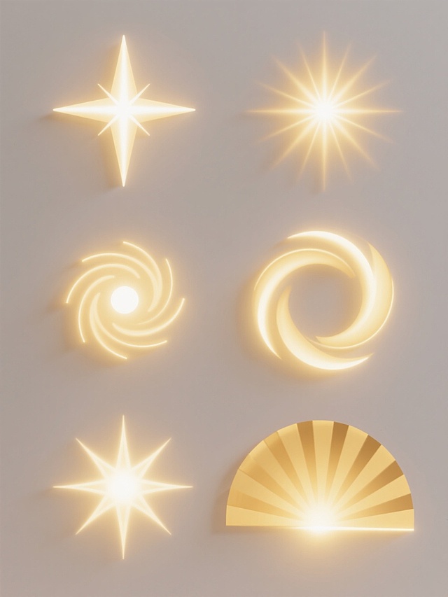 纯白色背景上，六个同系列金色光芒元素规整排布，每个元素保持相同的金色渐变色调（从中心明亮的纯白高光过渡到外围柔和的暖黄色光芒）和数字光效风格，具有清晰的光线束结构、柔和的边缘过渡和明亮的中心发光点，但每个光芒的形状造型和角度完全不同，包括十字形光芒、星形光芒、放射状光芒、螺旋形光芒、环形光芒和扇形光芒，整体形成统一而富有变化的系列素材集合。