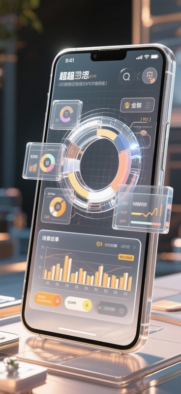 3D透明组件风格APP页面，玻璃态3D模块，数据图表，环形装饰，立体科技感，金融应用界面预览效果
