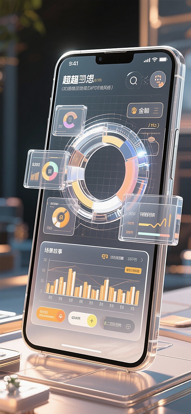 3D透明组件风格APP页面，玻璃态3D模块，数据图表，环形装饰，立体科技感，金融应用界面