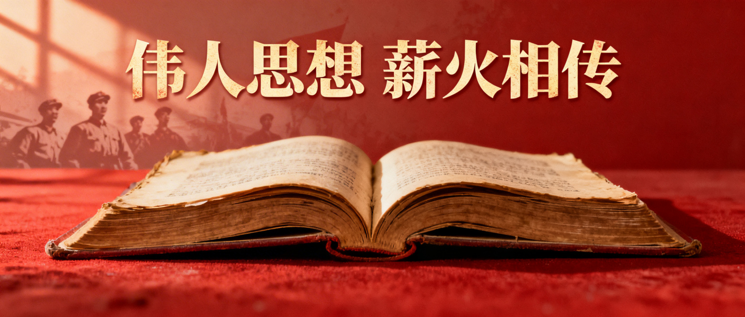 红色文化读书分享公众号头图，复古红色风格，画面中有一本摊开的旧书，上方有醒目标题“伟人思想 薪火相传”，背景是淡淡的革命历史光影，整体庄重温暖，适合读书分享主题预览效果