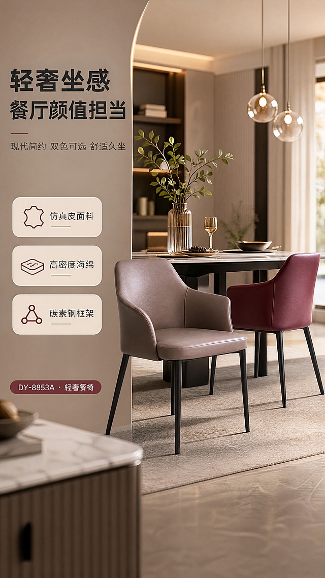 [商品] 使用【图1】DY-8853A餐椅，左侧摩卡色、右侧梅子红；保留整体结构、扶手靠背造型、碳素钢细黑腿、仿真皮面料质感、双色外观，不改变比例和部件。
[画面] 目标：轻奢餐厅空间头图，建立产品第一印象与整体氛围。构图：左文右景，左侧约1/3竖列文案区，右侧现代轻奢餐厅大场景，两把餐椅（摩卡色+梅子红）置于餐桌旁，产品占画面约60%。前中后景：前景餐边柜一角、中景餐桌餐椅主体、后景虚化餐厅背景与暖光吊灯。场景氛围：午后暖调自然光，整洁高级的现代餐厅。
[视觉] 套系策略：风格=现代轻奢家居商业摄影；标题字=现代无衬线粗体；正文字=简洁无衬线体；主色=摩卡棕；背景延展=基于摩卡棕做深浅层级、同色渐变和细腻哑光质感；强调色=梅子红，仅用于小面积图标、引线和标签；标题色=深炭灰；正文色=中暖灰；组件=圆角浅底信息卡、细线引线；光影=左前侧暖柔光，自然窗光氛围。
[文字] 左侧竖列：主标题「轻奢坐感 餐厅颜值担当」（8字），副标题「现代简约 双色可选 舒适久坐」（12字），3条亮点「仿真皮面料」「高密度海绵」「碳素钢框架」，底部系列角标「DY-8853A · 轻奢餐椅」。文字不遮挡餐椅主体。
[规格] 淘宝/天猫详情页，单屏比例9:16竖版，分辨率4K，quality=medium。避免变形、错字、文字过小、冷蓝背景、产品颜色改变、结构失真、极限词。