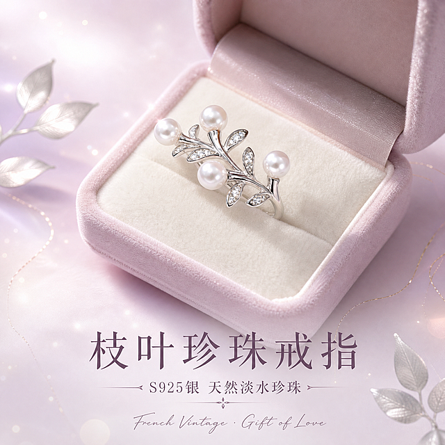 [主图-1] 首图点击率，突出S925银天然淡水珍珠枝叶戒指的法式复古清新唯美氛围与礼赠身份感。
[统一基调] 风格=清新唯美 法式复古；主色=银白+珍珠白；背景主色=柔和粉紫渐变晕染（浅粉紫到奶白过渡）；标题字色=深紫灰；辅助字色=中灰紫；强调色=柔粉紫；字体=纤细优雅衬线体（宋体风格）；色温3500K-4000K暖白光；光质=柔光漫反射；组件=极细金线点缀、珍珠光斑、叶片剪影装饰。
[画面] 戒指居中偏上，主体占比约55%，以45度斜俯视角展示完整的分叉枝叶环绕造型与四颗珍珠。戒指放置在浅粉紫色丝绒首饰盒的米白绒垫上，盒盖半开形成柔和阴影。背景为粉紫渐变柔光，散落2-3片银色叶片剪影与细碎珍珠光斑。画面底部留白放文案。
[光影质感] 商业珠宝摄影质感，柔光箱漫射主光突出珍珠温润虹彩与银饰镜面光泽，叶片锆石处有细碎星芒高光，阴影柔和自然，金属边缘清晰顺滑，珍珠表面干净通透无划痕。
[配色] 银白金属+珍珠白主珠+粉紫渐变背景+深紫灰文字，整体色调柔和浪漫，低饱和度高级感。
[文字版式] 画面底部居中，主标题「枝叶珍珠戒指」大号纤细衬线体，副标题「S925银 天然淡水珍珠」小号同字体，底部一行手写体英文装饰。文字不遮挡戒指主体。
[输出要求] 1:1正方形，2K分辨率，文字清晰锐利，产品细节清晰，珍珠光泽真实，无变形、错字、模糊、杂乱、水印、平台Logo。