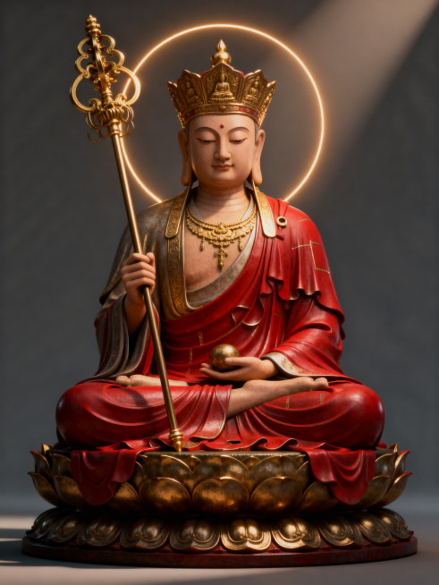 藏传佛教地藏王菩萨神像，庄严肃穆，佛光环绕，禅意氛围，3D国风渲染预览效果