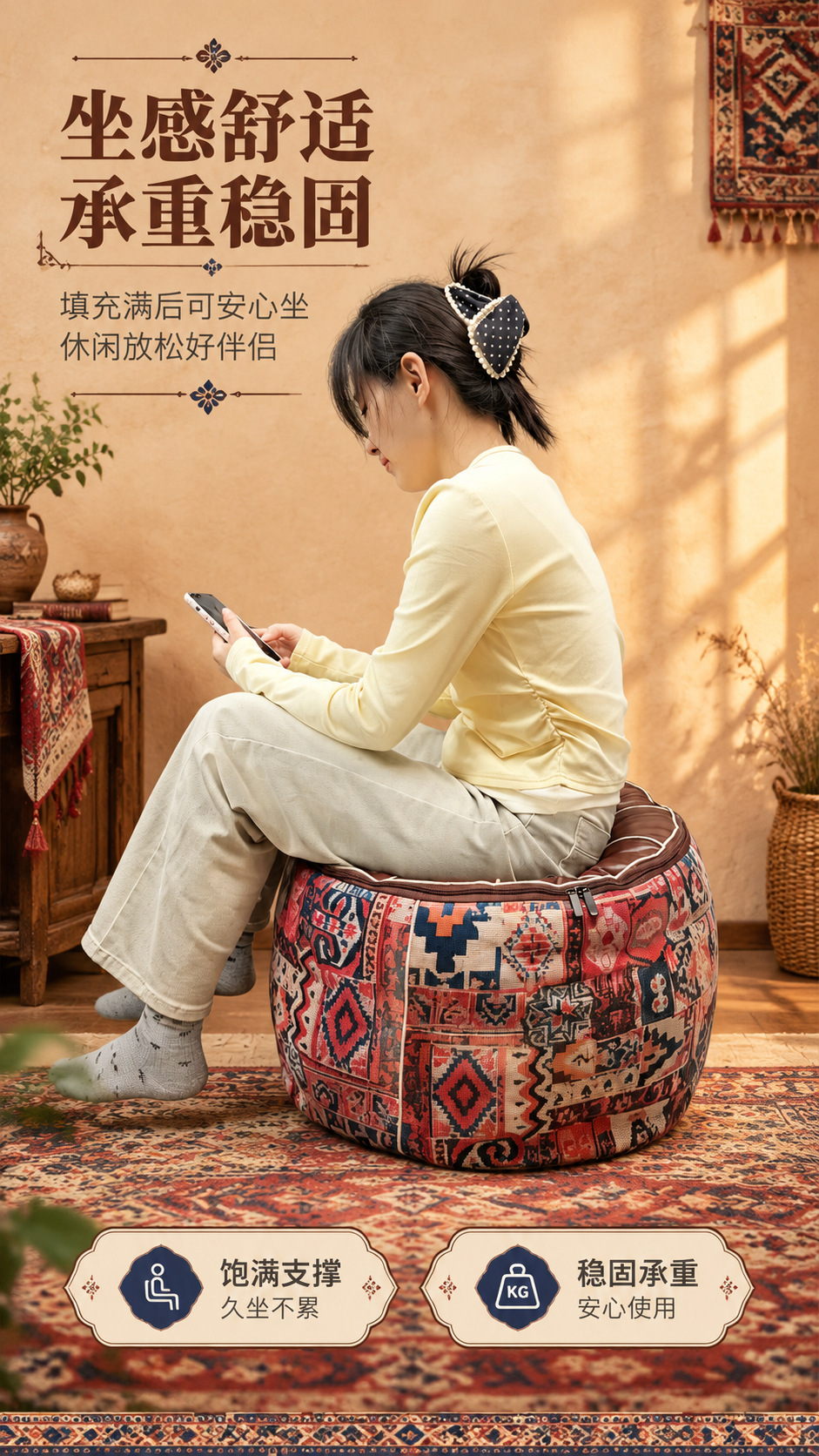 [商品] 使用【图1】亚洲女性坐在民族风收纳凳上的场景；保留收… - 图片创意预览