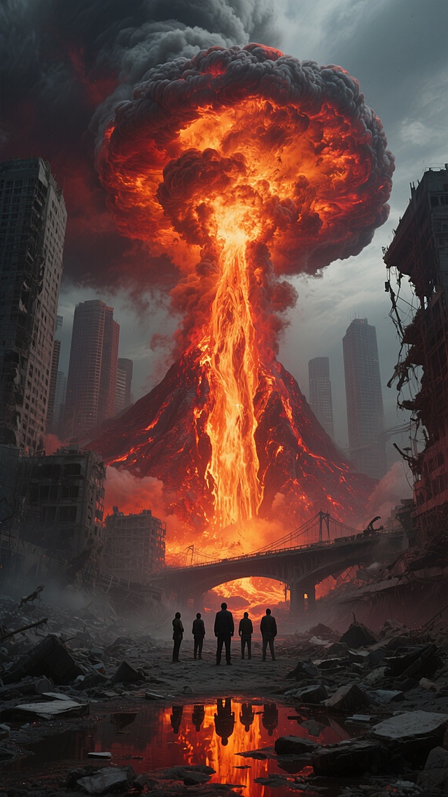 一幅末日灾难风格的电影海报，画面中央是巨大的火山喷发场景，炽热的岩浆如同瀑布般倾泻而下，在空中形成巨大的蘑菇云，橙红色的火焰与浓烟交织，照亮了昏暗的天空。前景中一群渺小的人影站在破败的城市废墟前，仰望着这毁灭性的景象。背景是被摧毁的高楼大厦和断裂的桥梁，地面上布满了瓦砾和积水，倒映着天空的火光。整体色调以暗红、橘黄和深灰为主，营造出紧张、压抑而又壮观的末日氛围。画面采用宏大的远景构图，具有强烈的视觉冲击力和史诗感，光影对比强烈，细节丰富，展现出灾难的残酷与震撼。