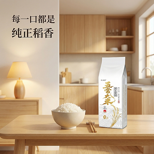 [主图 4 重新生成]
[主图主题] 居家食用场景展示
[氛围/风格] 温馨治愈，烟火气息，真实生活感
[画面元素] 餐桌上摆放一碗刚盛好的白米饭，旁边放着筷子和袋装大米，背景是简约的开放式厨房，暖黄色台灯光线，窗户外透进柔和自然光，整体氛围温暖舒适
[配色色系] 主色调：暖米白、浅木色；辅助色：暖黄色光影
[视角构图] 平视，生活化场景构图，产品和米饭共同成为视觉焦点
[文字版式] 画面左上角深色标题 "每一口都是纯正稻香"，文字悬浮在墙面留白处，不遮挡主体，简洁清晰
[比例分辨率] 1:1比例，2k分辨率