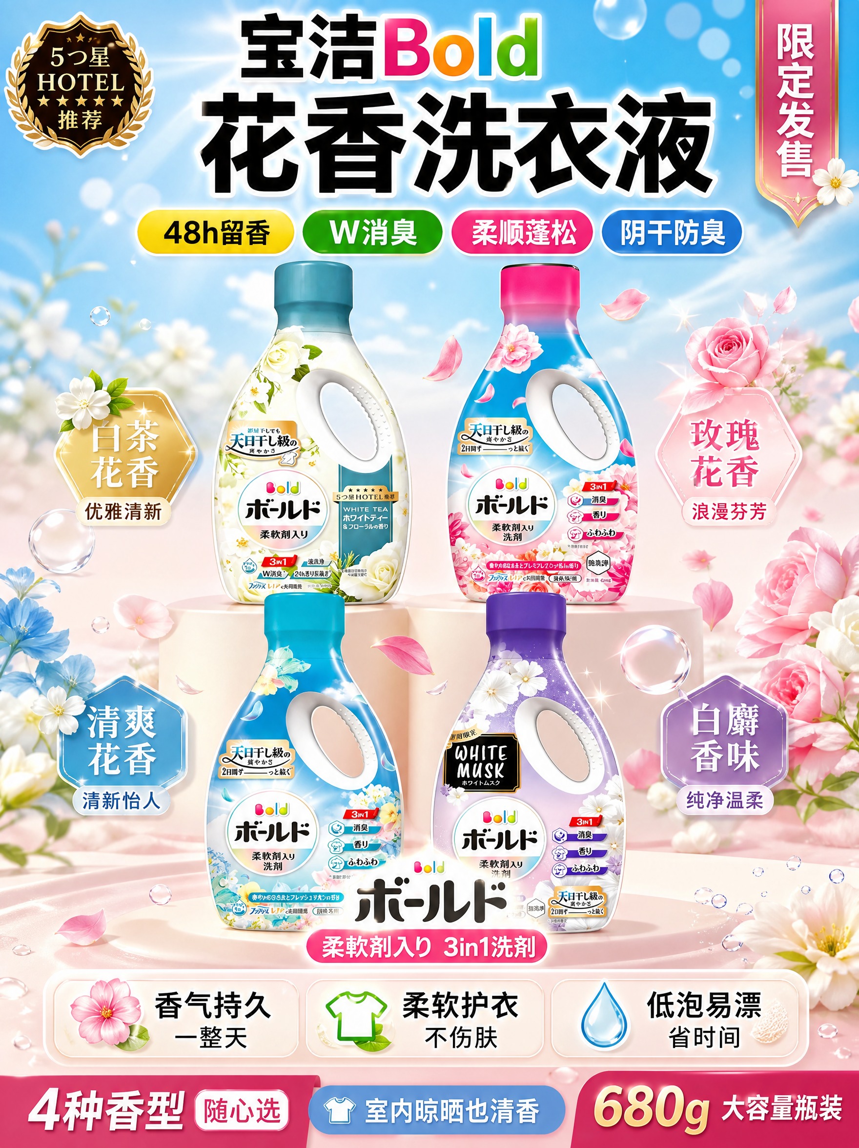 [单张主图] 宝洁Bold花果香洗衣液4款香型组合装 爆款促销… - 图片创意预览