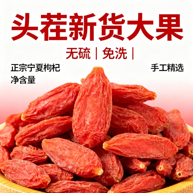 帮我生成1张电商主图，产品是宁夏红枸杞，
风格要促销醒目、高点击。
核心卖点：①正宗宁夏枸杞 ②净含量 ③手工精选。
尺寸 800×800px，背景纯白 + 浅红渐变，主色调红 + 黄 + 白。
文案预览效果