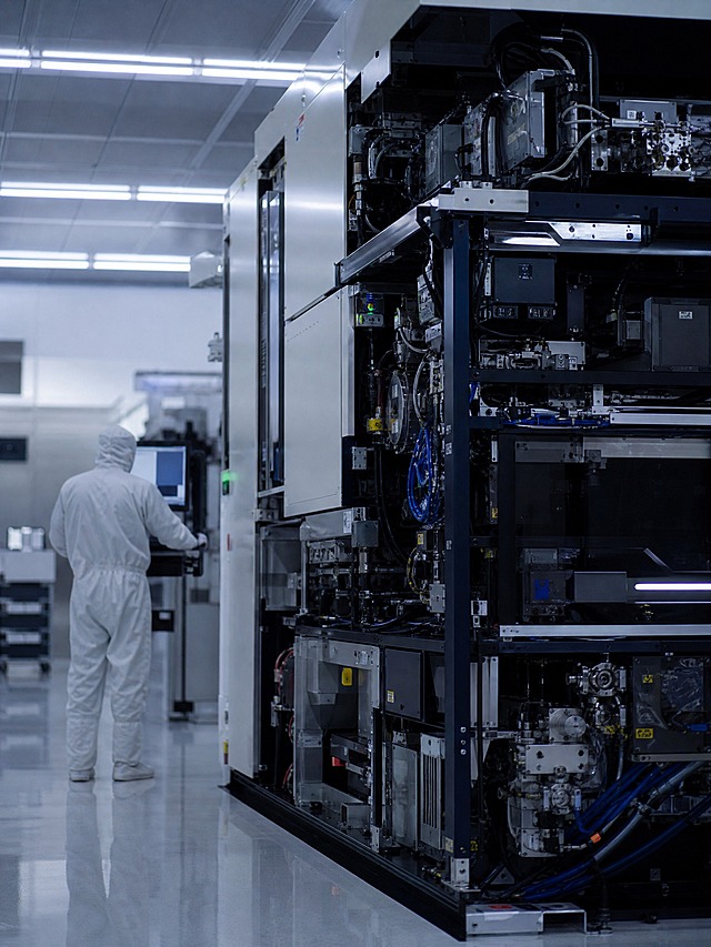 Photorealistic side view of a large lithography machine occupying one side of the frame in a cleanroom, engineer in white cleanroom suit with blurred back view operating on the other side, cool blue-white cleanroom lighting, slightly underexposed moody atmosphere emphasizing equipment silhouette, professional semiconductor factory environment, realistic, no sci-fi elements, no text, no faces in focus, high detail