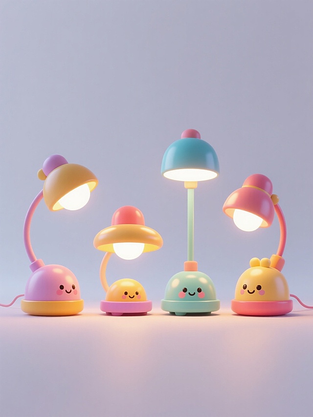 4个不同样式、不同配色、不同风格的卡通风格台灯，每个台灯都具有圆润的造型、光滑的塑料质感和明亮的灯光效果，它们整齐地排列在纯色背景上，整体画面呈现出简洁、可爱、充满童趣的氛围，色彩鲜艳明快，光影过渡柔和自然，每个台灯的设计细节丰富，包括不同形状的灯罩、灯杆和底座，以及独特的颜色搭配。