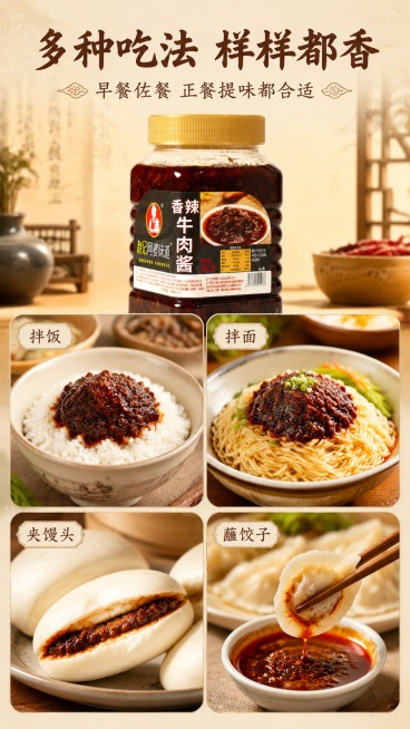 [第6屏] 食用场景种草屏-香辣牛肉酱多吃法展示。本屏使用【图1】产品信息。
[氛围/风格] 古风家常餐桌氛围感，暖调食欲感，多图拼接自然。
[元素布局] 2×2圆角拼图布局，四幅图分别展示：拌饭、拌预览效果